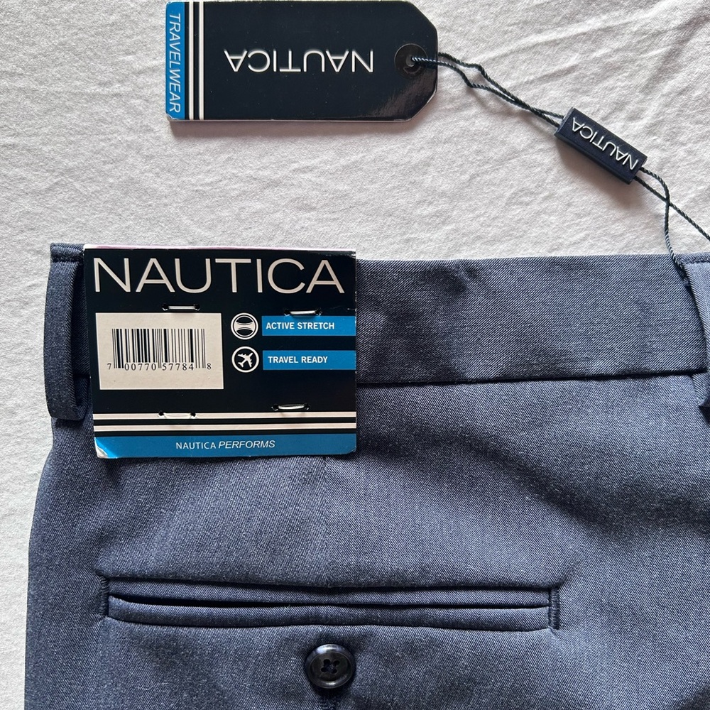 Nautica Travelwear Dress Pants 38x32 Blue Stretch Flat Front Slacks NWT - Picture 5 of 6